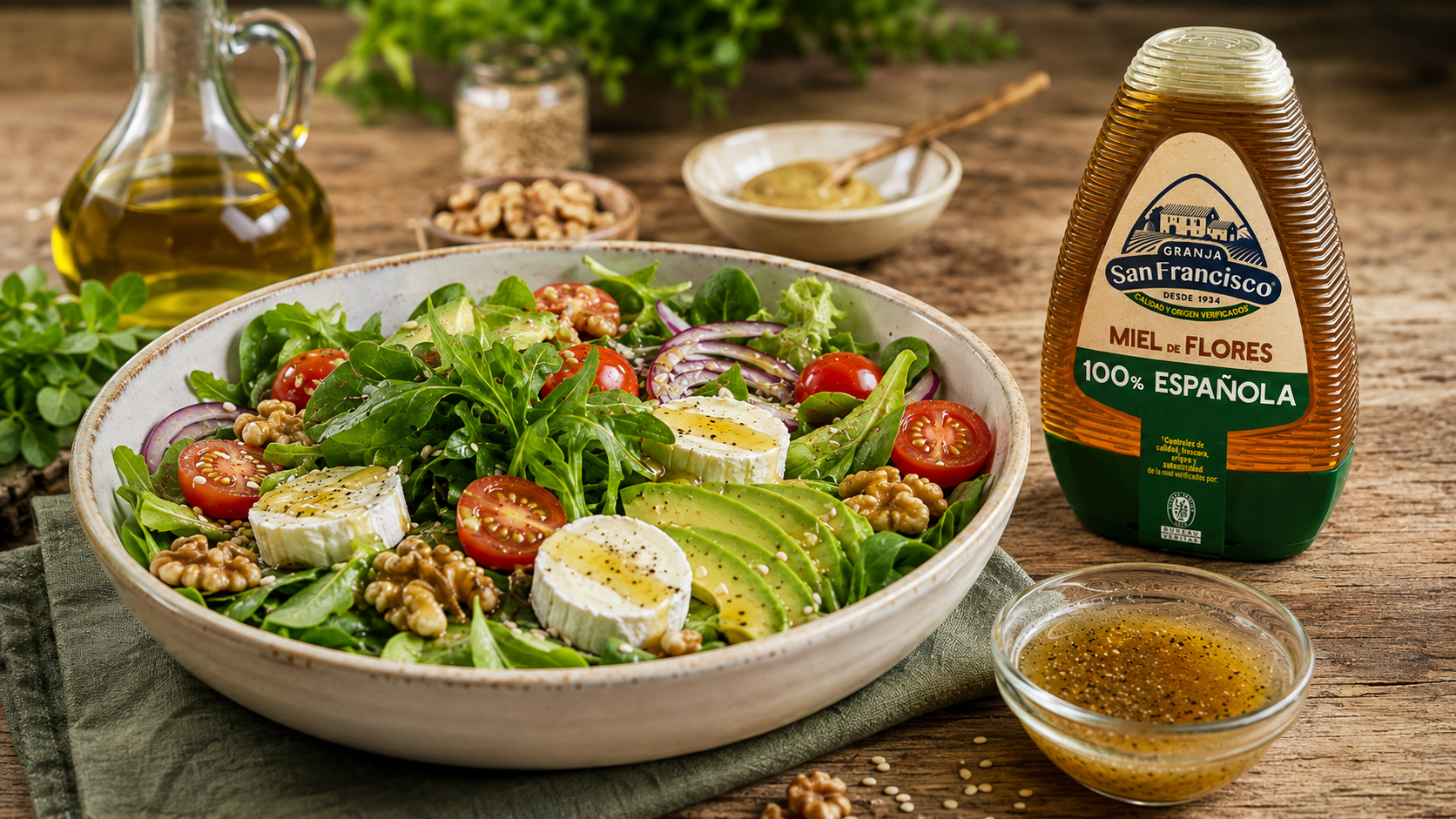 Ensalada templata con queso de cabra y vinagreta de miel Granja San Francisco