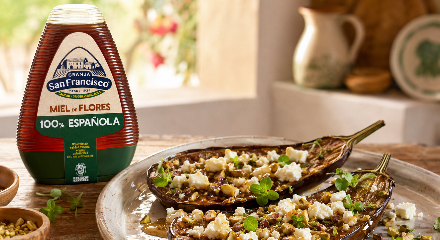 Berenjena al horno con miel, queso feta y pistachos junto a un bote de miel granja san francisco