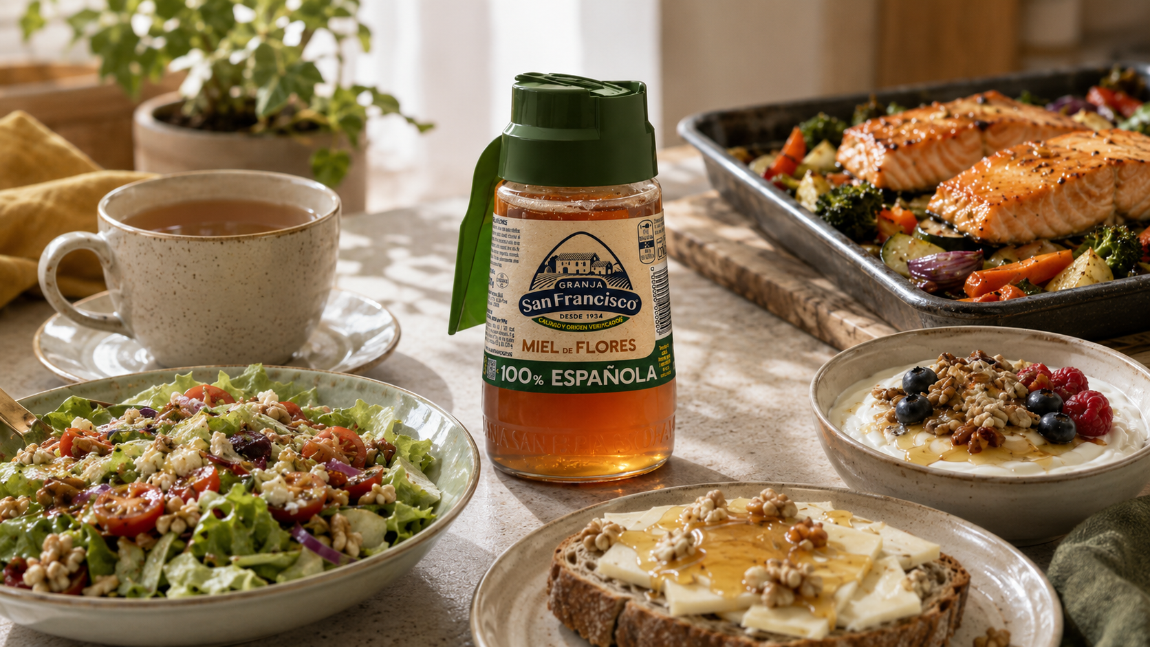 Miel Granja San Francisco acompañada de ensalada, salmón, yogur, té y tostada como ideas para usar la miel en el día a día.