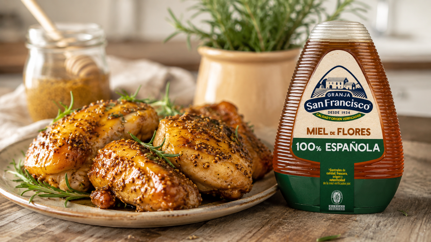 Pollo glaseado con miel, mostaza y romero junto a un bote de miel Granja San Francisco 100% española