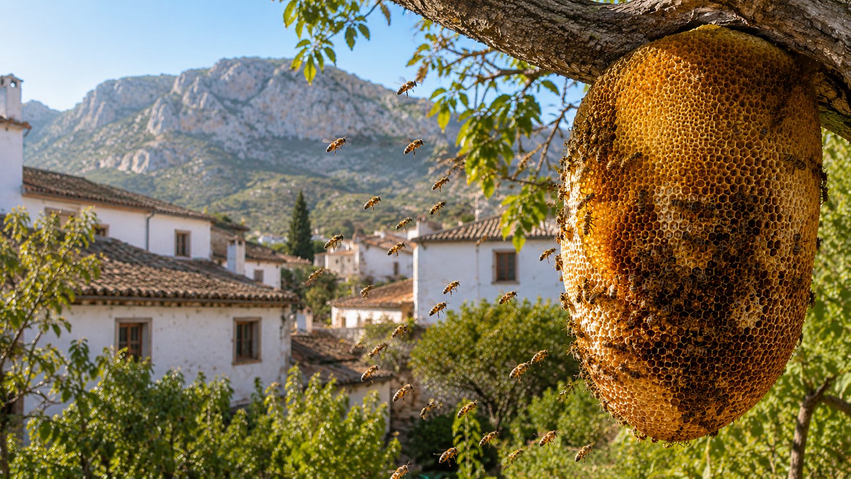 vista de una colmena con un panal cubierto de abejas.